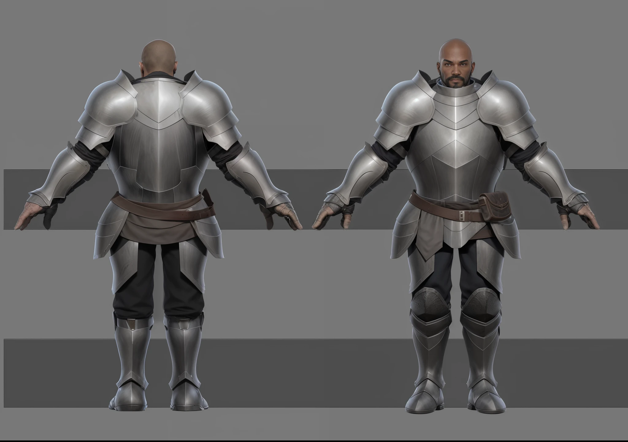 ( Realistic:1.33),(masterpiece:1.1),(highest quality:1.1),(HDR:1) a close up of a paladin with moonlit black armor , full body concept, detailed full body concept, medieval paladin style character, full body character concept, new costume concept design, full body details, detailed full body concept art, full character body, character model sheet turnaround, fullbody shot turnaround, concept character sheet, full body concept art, reference model sheet , full body concept art, RPG style character, game character design, concept character, full body character concept art, 3d character reference sheet, male, video game character concept, detailed character design, character sheet, character model sheet turnaround , front and back, front and back, warrior armor,  red scarves , medieval sleeve, (steel boot armor), moonlit shoulder black armor, grey clean background, 3D character, ((detailed knee armor)), heavy armor, leather belt with leather bag