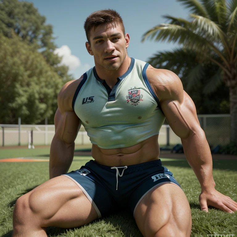 muscular man,rugby shorts,strong legs,sitting on the grass,illustration,ultra-detailed,highres,vivid colors,portrait,summer,sunlight,athletic physique