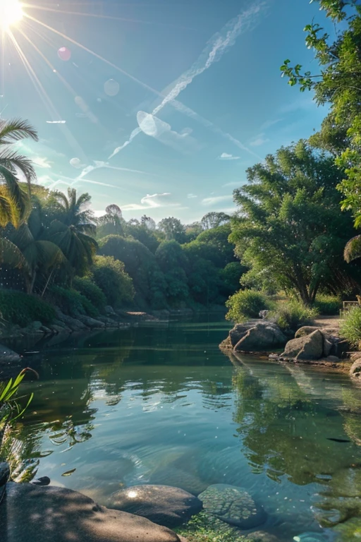 (Best quality, Ultra-high definition, photorealistic: 1.3), Agua, crystal clear, refreshing, serene, tranquil, inviting, shimmering, mirror-like surface, sun rays reflecting, ripples gently moving, idyllic scene, bordering a sandy beach, lush greenery nearby, azure sky above, early morning sunrise, (slow shutter speed: 0.5), (birds flying overhead: 0.8), refracting sunlight, capturing raindrops, (underwater perspective: 0.7), vibrant fish swimming, coral reef, seagrass, ancient shipw