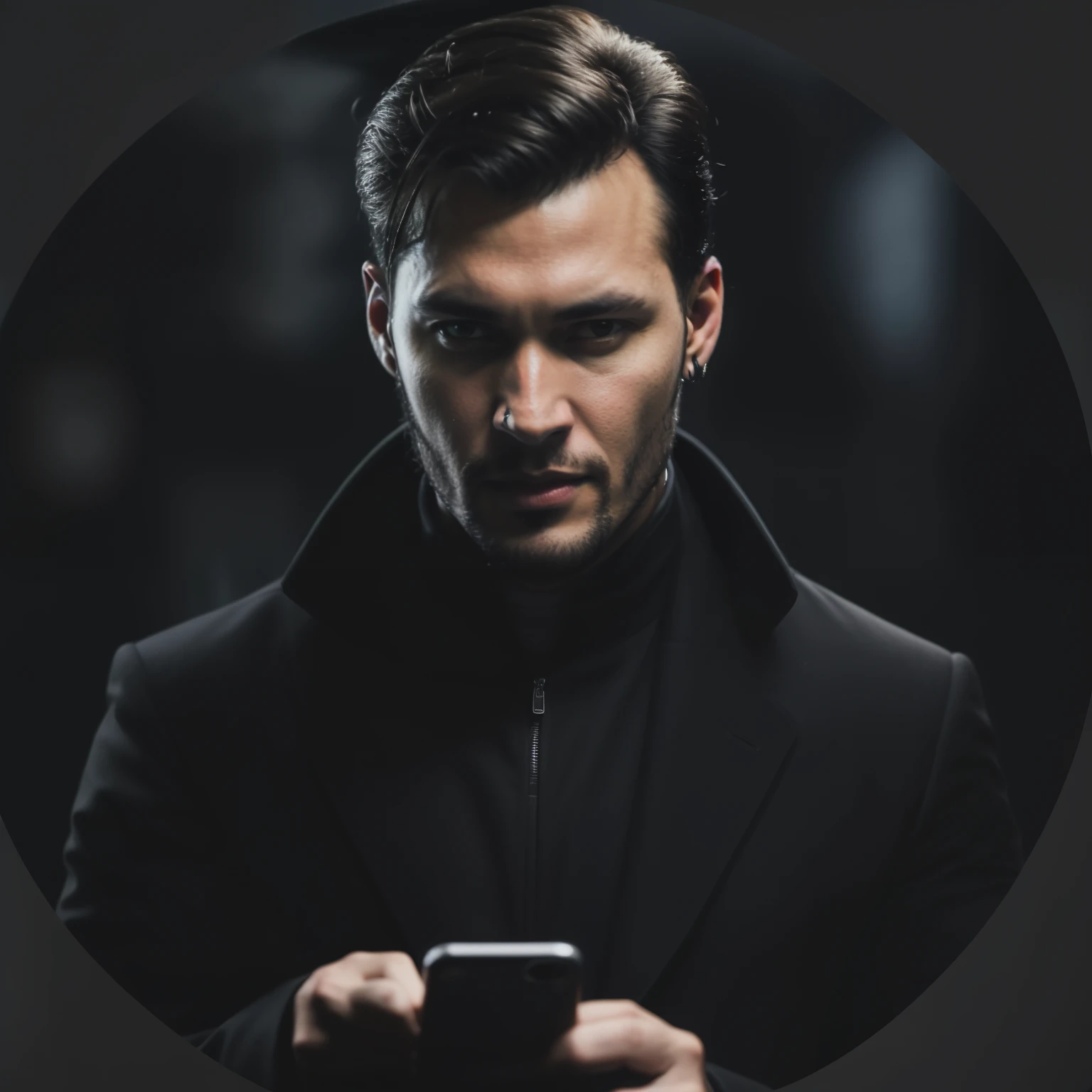 homem arafiado com um casaco preto segurando um telefone celular, tecnologia batida. neo preto style, neo preto style, retrato do professor sinistro, Tecnologia Preta, tecnologia preta, homem misterioso, homem de preto, retrato de Adam Jensen, neo preto, he is wearing a black overcoat, imagem de perfil, Maxim Shirkov, retrato de John Wick