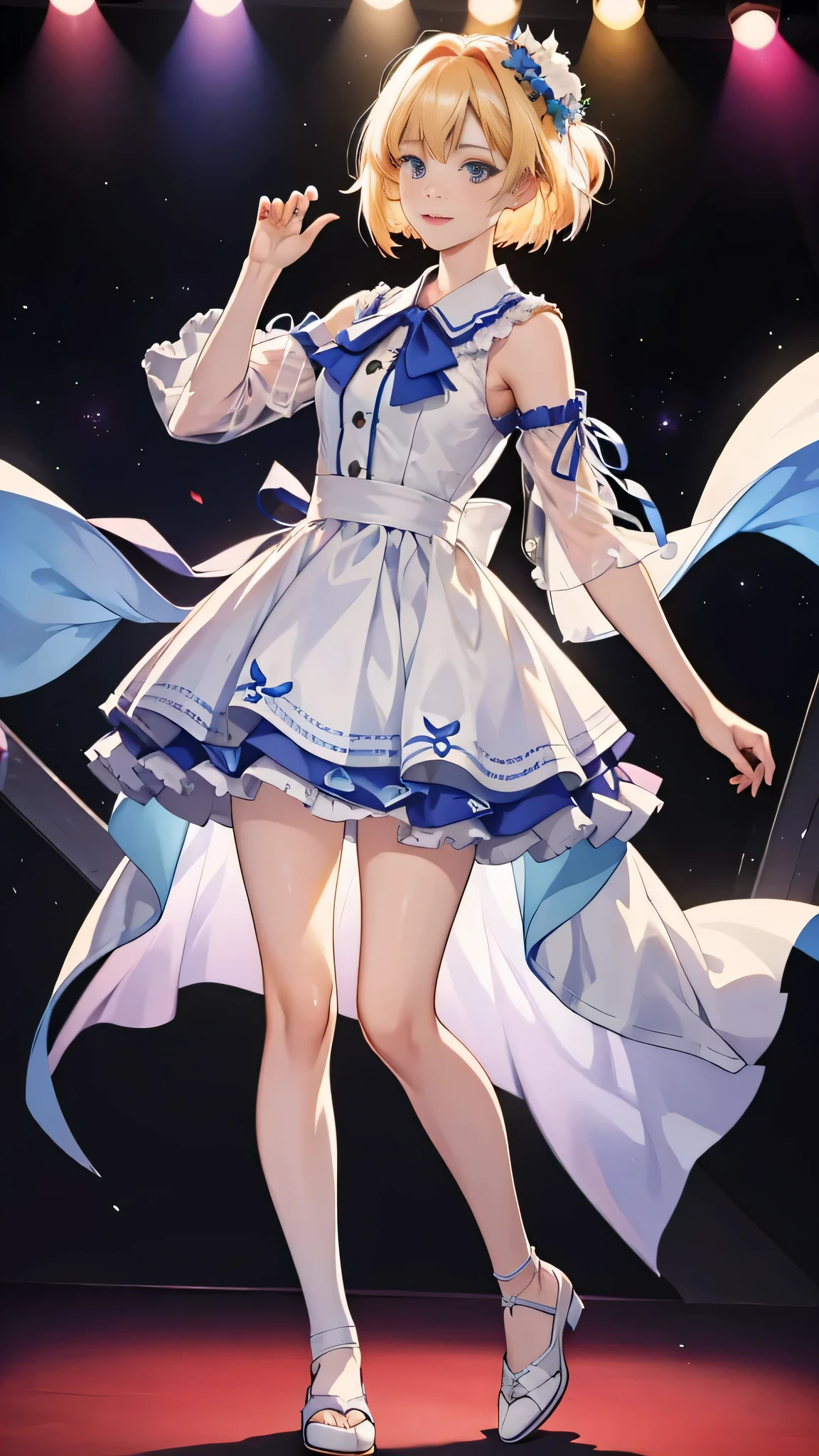 (RAW photo:1.2, photorealistic:1.3), masterpiece:1.4, best quality:1.3, Highest details:1.3, beautiful and aesthetic, extremely detailed CG unity 8k wallpaper,( vibrant colors:1.1), high resolution, see-through white short dress and a bow tie, anime visual of a cute girl, official character art, anime girl named kohaku, official art, single character full body, anime full body illustration, full body portrait of a short!, female anime character, as an anime character, a-1 pictures, full body with costume, rei hiroe, anime best girl, blond bob hair, on the stage, dynamic pose, dancing