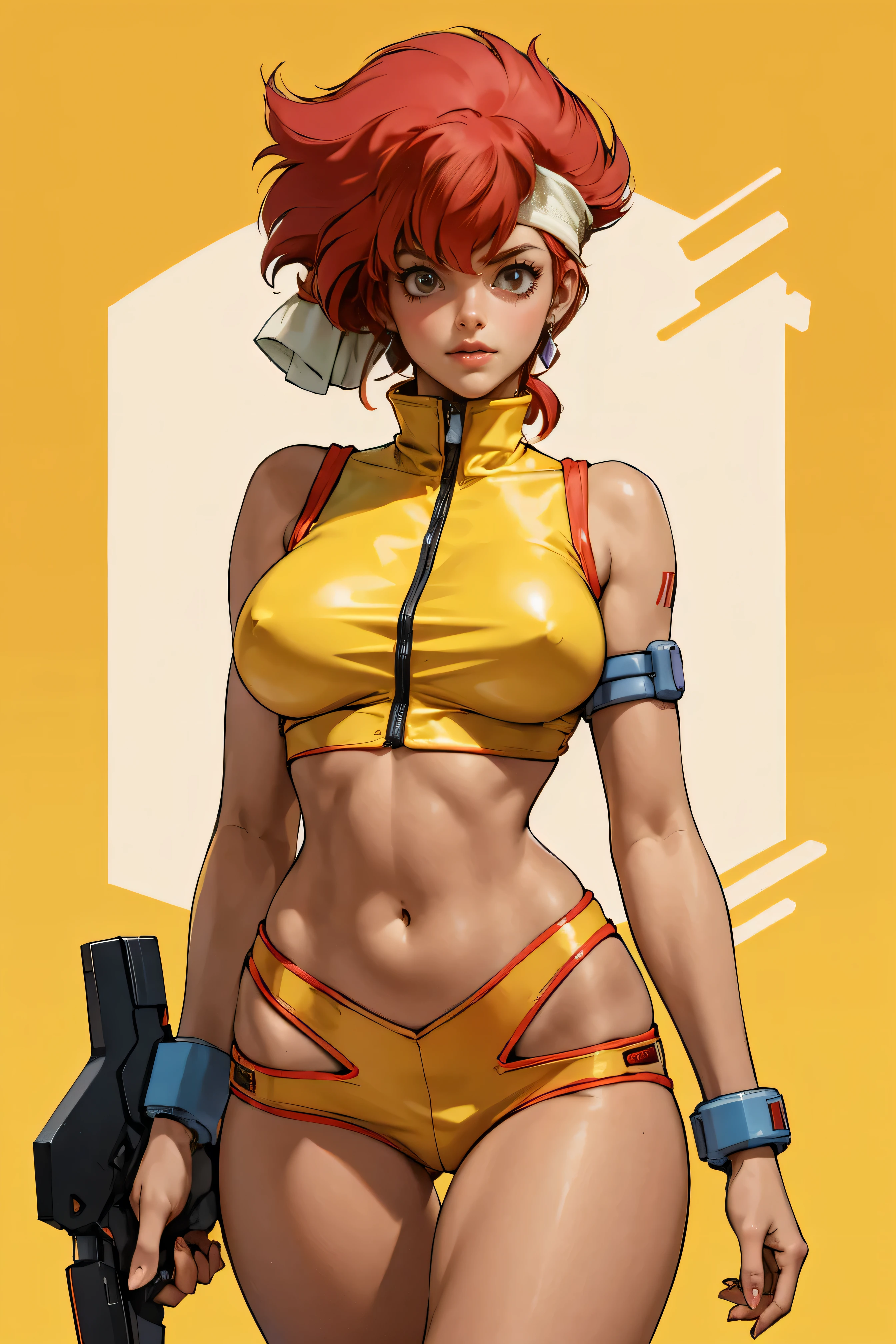 Kei from The Dirty Pair, , wearing a tight outfit, skimpy, medium breast, red hair beauty, cyberpunk city background, holding retro space-gun, headband, slim waist, slim thighs, thigh gap, show belly, light yellow uniform, skinny, slender hips