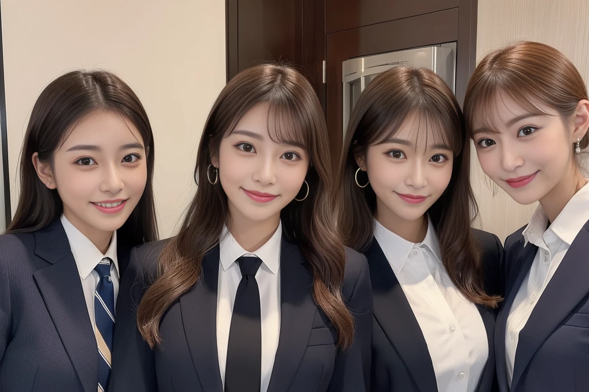 ((highest quality, 8K, masterpiece, portrait: 1.3)), (looking at the viewer), (full shot:0.85), realistic、Super realistic、32k、Super detailed、masterpiece, highest quality, 4 girls, beautiful girl, beauty、Faces are random、cute japanese woman、gorgeous japanese women、beautiful lighting, better quality, movie fashion (attractive、 As young as 25 years old ) ,attractiveビジネス、4 young women, beauty、white collared shirt, suit、ビジネスsuit、紺色のsuit、 (big pelvis:0.3), (officeの机にあぐらをかいて座る)), smile:0.2, President & CEO'office,Faces are randomです、自然なsmile、looking at the camera