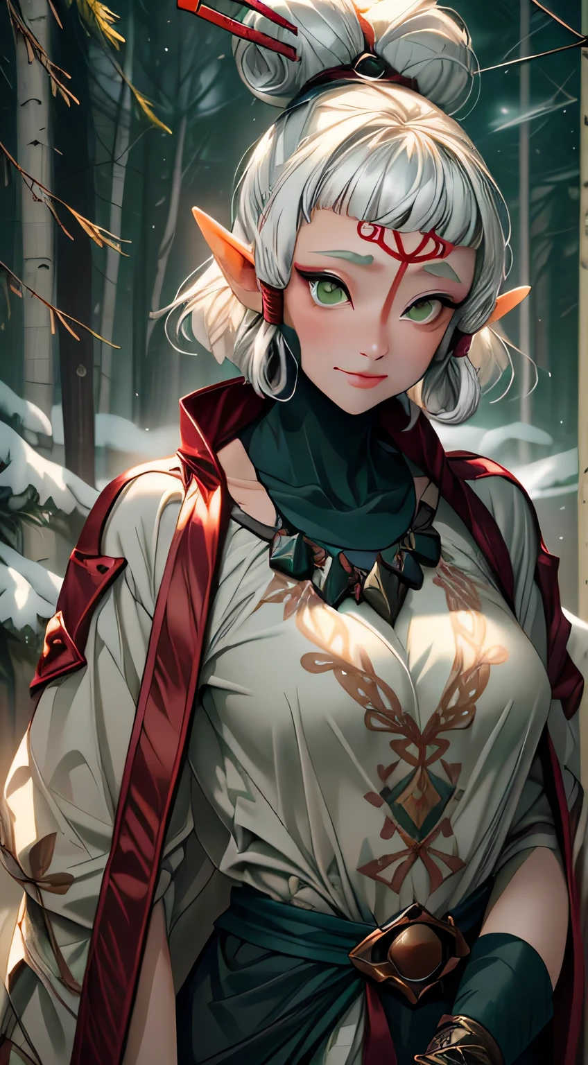 paya, cute elf,((anime elf with extremely cute and beautiful brown hair)), (((elf))), (((elf ears))),((((white hair:1.35,short brown hair,boy haircut,tny short haircut,colored inner hair,ear breathing)))),(((green_eyes:1.3))),intricate eyes,beautiful detailed eyes,symmetrical eyes,big eyes:1.5,(((lustrous skin:1.5,bright skin: 1.5,skin tanned,shiny skin,very shiny skin,shiny body,plastic glitter skin,exaggerated shiny skin,illuminated skin))),(detailed body,(detailed face)), cute,slutty,erotic,daring,((nsfw)), (((intricate outfit,intricate clothes,embroidered outfit,ornate outfit,embroidered clothes,ornate clothes))), (dynamic pose:1.0),happy,smile,(centered,scale to fit dimensions,Rule of thirds), ((snowy pine forest at night)), with dark stormy clouds,winter,scenery:1.25,((snow forest background)),Christmas tree, highres,sharp focus,(ultra detailed,extremely detailed),(photorealistic artwork:1.37),(extremely detailed CG unity 8k wallpaper),(((vibrant colors,vibrant theme))),(intricate),(masterpiece),(best quality), lying down, lying on back, on back, sleeping, smiling