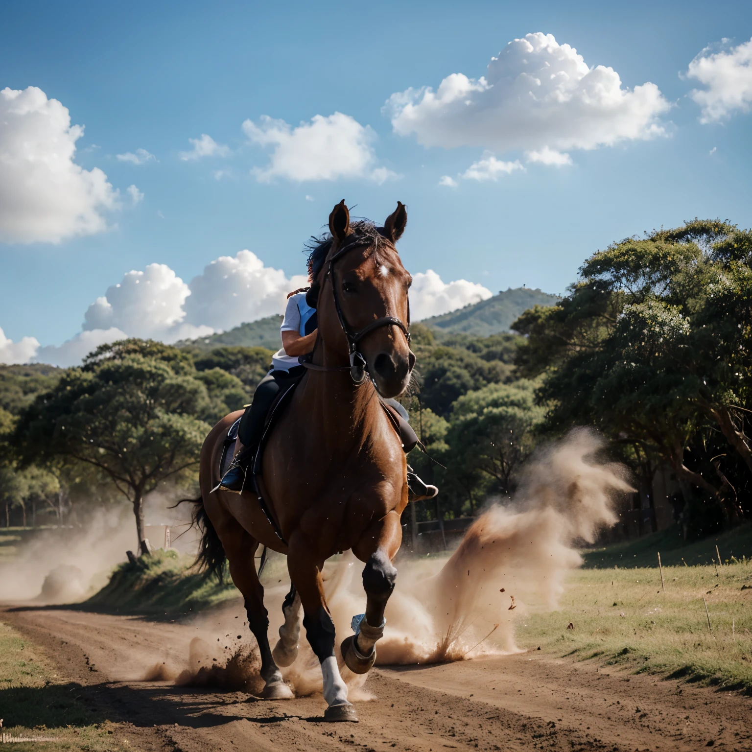 Um cavalo correndo e ele vai criando nuvens roxas