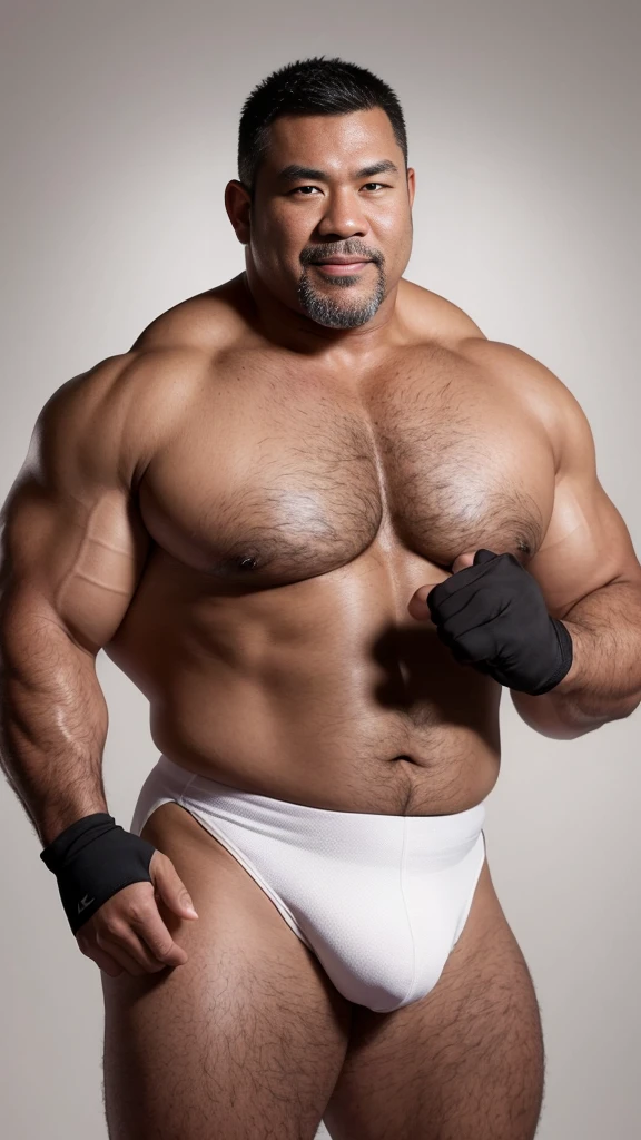 black hair, middle-aged man, individual, male, Muscular wrestler, muscular, Stout wrestler, Asian, Japanese, uncle, 55 year old middle-aged man, short hair, short hair, white wrestling boots, full body portrait, shadow, Vision, white briefs, obesity, 45 years old, short beard, middle-aged man, tattoo, fingerless gloves, Wheat skin, shiny skin, dark skin, Show your pectoral muscles, sumo wrestler, bodybuilder, wide temples, Visible abdominal muscles, Smile, Fine hands, solid color background, pure white background, Surrealism, Panorama, 8k, super detail,