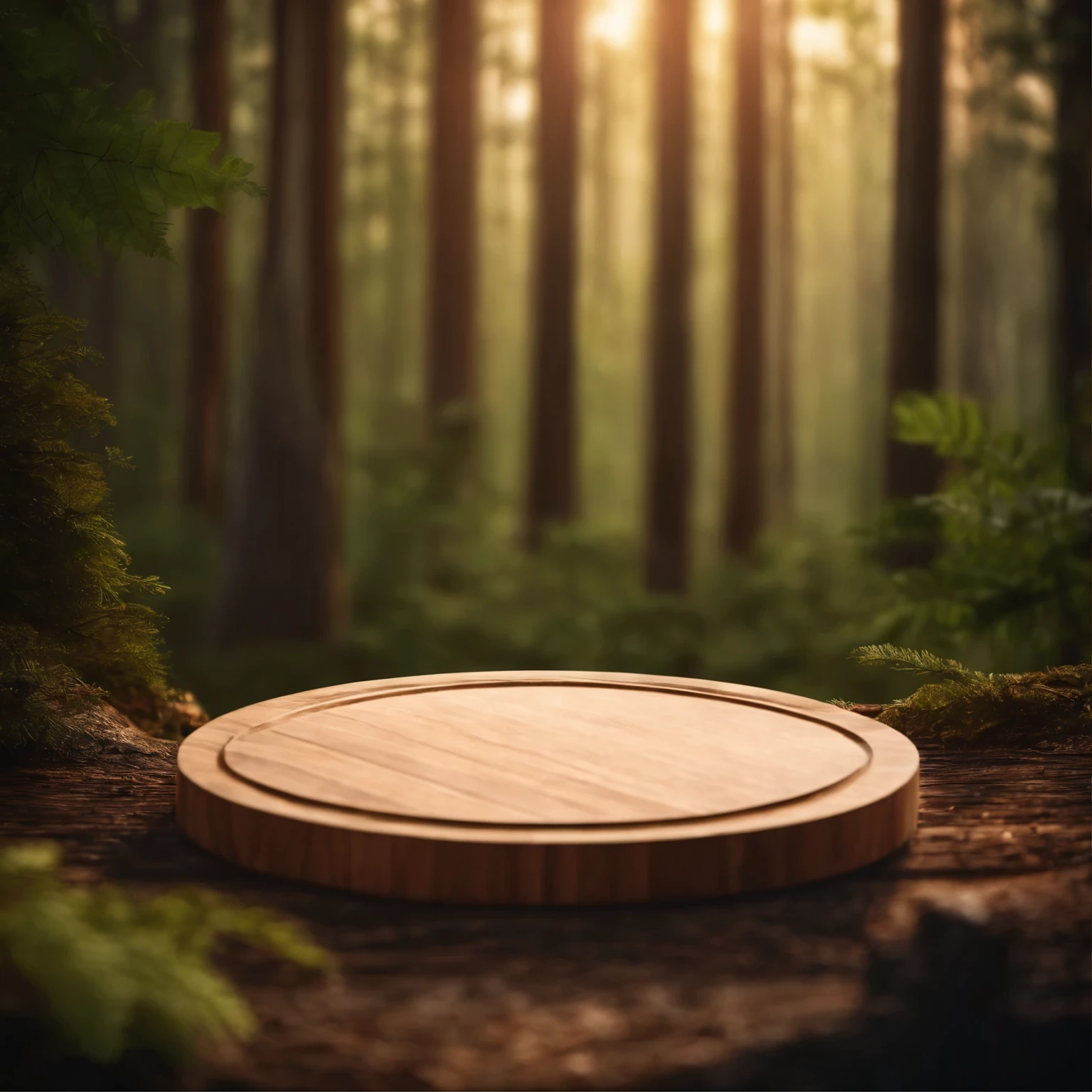 wooden podium scene of wooden disc shape mockup with forest background