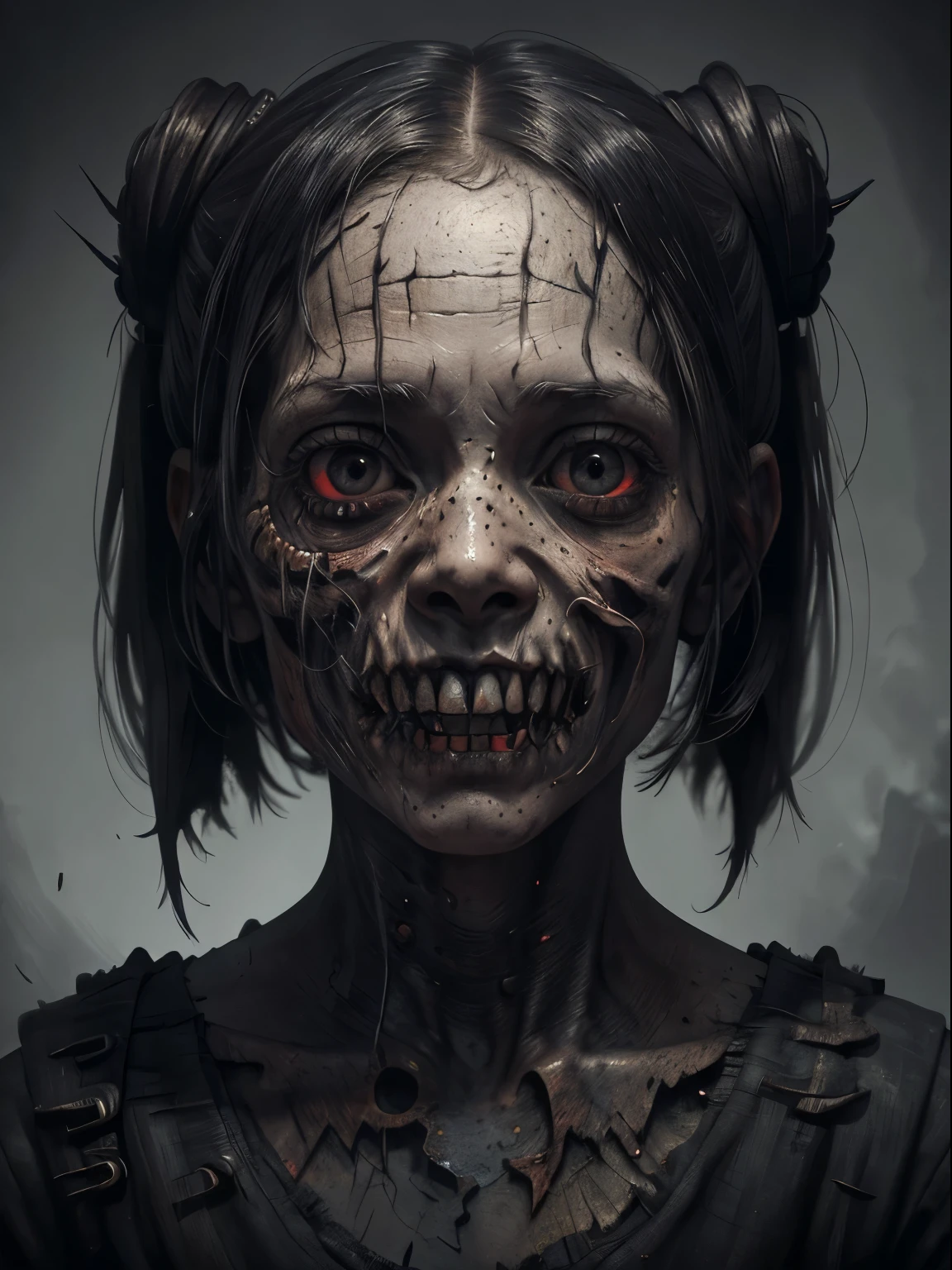 A haunting portrait of a school girl with a face that reflects the horrors of the undead. Insane smile, Focus on realism and intricate details to capture the unsettling nature of her appearance. Depict her lifeless eyes, decaying skin, and disheveled  in vivid and precise detail, using shading and textures to bring the image to life.