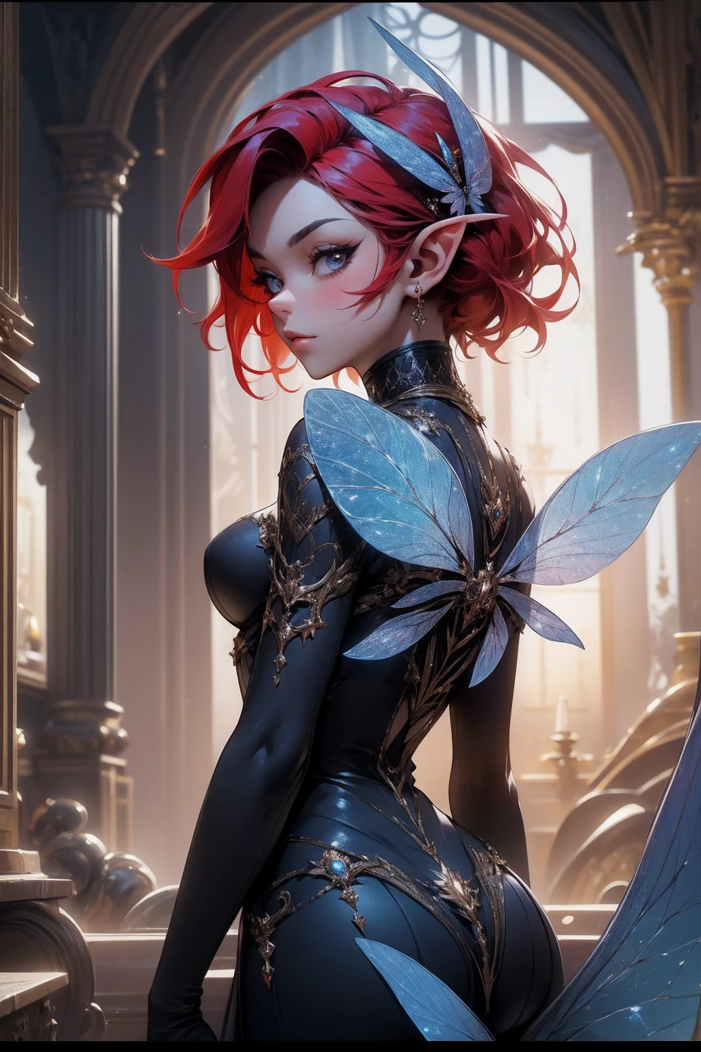 (Absurd, high quality, ultra -compared, careful with the hand) fairy, fairy wings, dreamer body, vivid, romantic and all. Optimistic face, just lies, without entry and intellectual. Reckless style, cold heart, impatient and too confident. Gray eyes, ripe and dark (eyes of the eyes), enchanted fairy (pixie) . Short hair, red hair. In the carnival row illustration, flying. Whole body, backwards, looking back