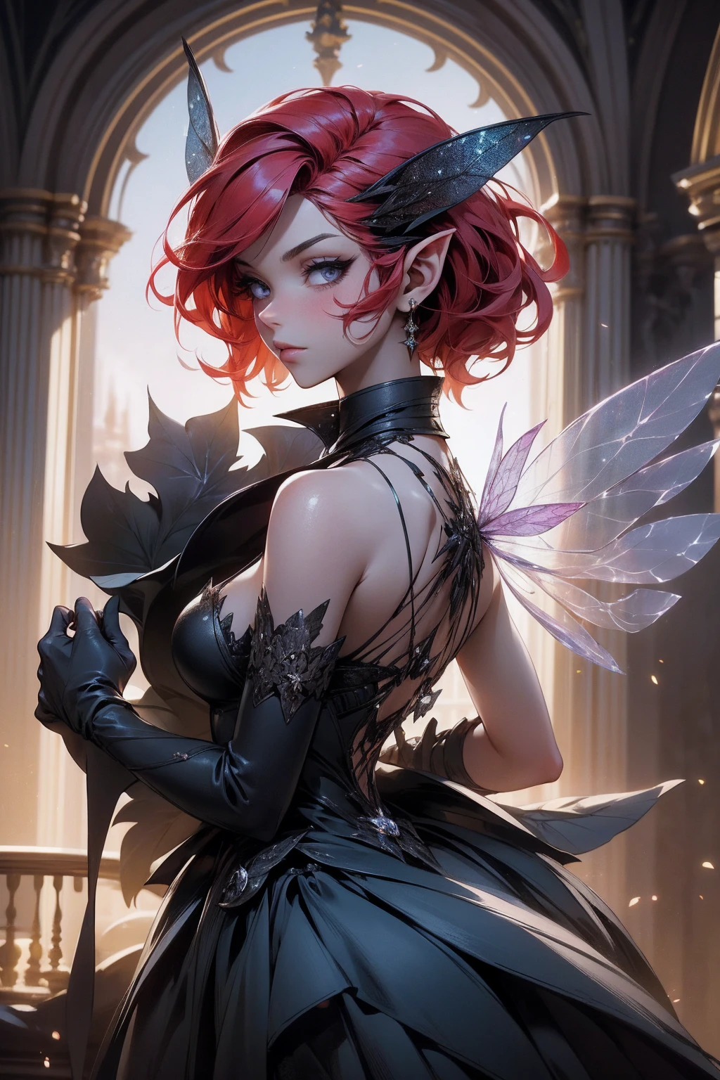 (Absurd, high quality, ultra -compared, careful with the hand) fairy, fairy wings, dreamer body, vivid, romantic and all. Optimistic face, just lies, without entry and intellectual. Reckless style, cold heart, impatient and too confident. Gray eyes, ripe and dark (eyes of the eyes), enchanted fairy (pixie) . Short hair, red hair. In the carnival row illustration, flying. Whole body, backwards, looking back