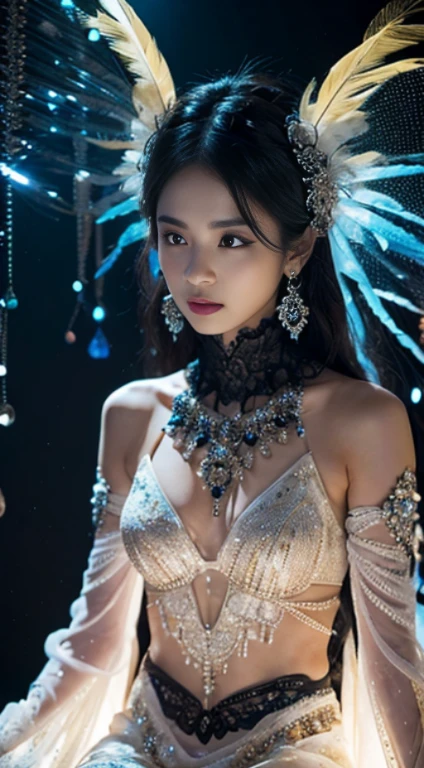 extra  detail arts 8k ,standing,beautiful skull goddess,softly illuminated skull,skull,flowing feathers,perfect features,perfect skeleton features,fluorescent semi-transparent clothes,sitting in space between celestial bodies,black background with dots of glitter,aetherial,