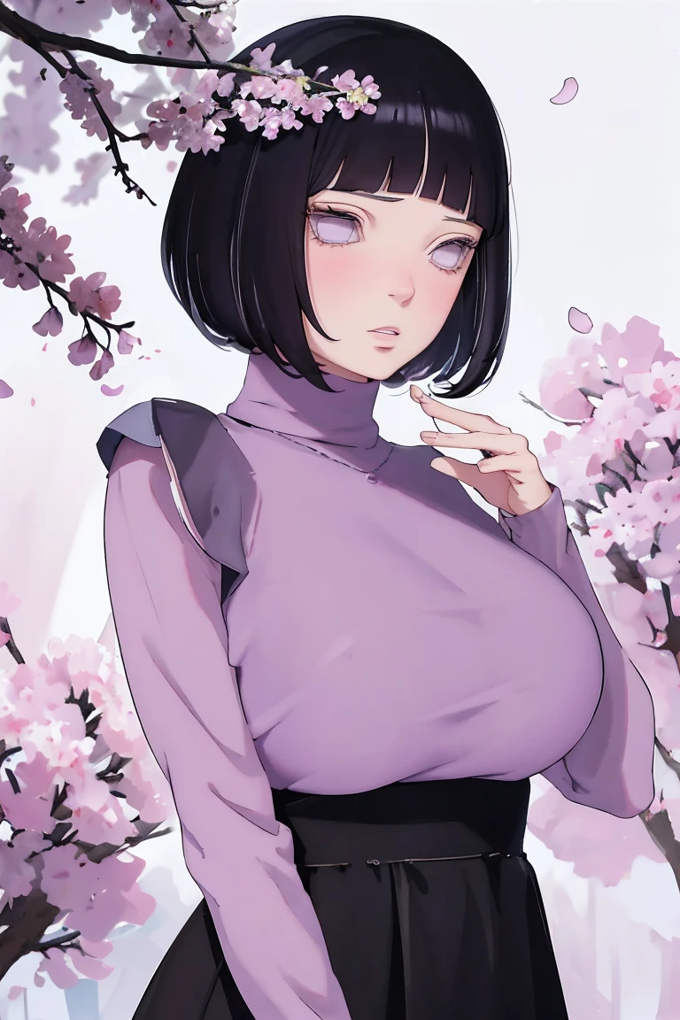 { - anatomy error} (Masterpiece - Ultra-detailed, very high resolution) (huge titusty, masterpiece, absurdres, hinata\(boruto\), 1girl, solo,mature female, lilac turtleneck blouse, black pant, looking at viewelling petals), perfect composition, detailed lips, big breast, beautiful face, body propotion, blush, (pink lips), short hair, (black hair), purple eyes, soft gaze, super realistic, detailed, photoshoot, realistic face and body, closed mouth , lilac eyes, upper body, hidden hands, perfect fingers, inocent face, portrait, , backwards, looking back, dynamic poses