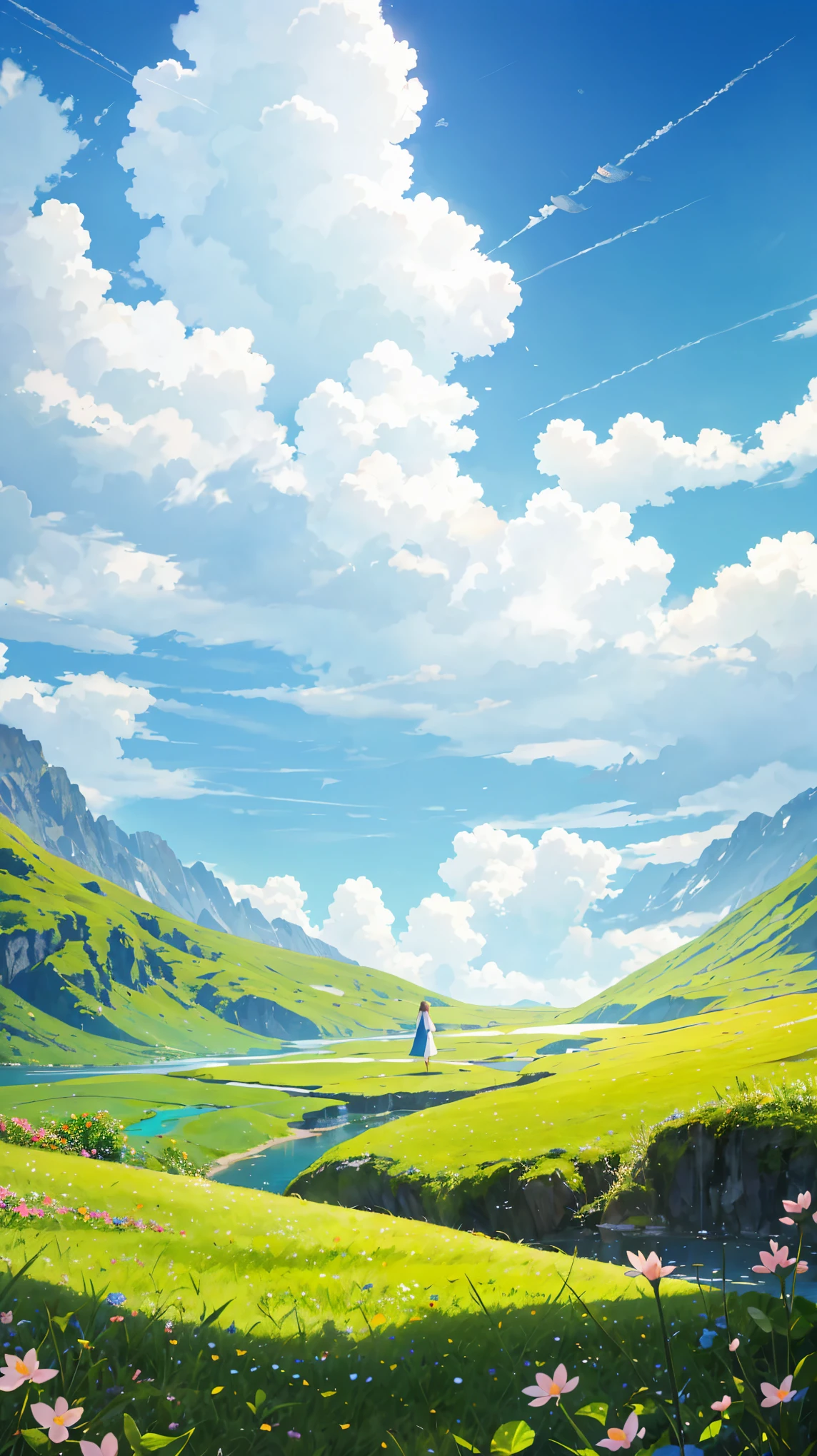 spring,  a few small flowers, clear lake,  Heaven, Dayun, blue sky, Hot weather, HD details, Ultra-detailed, cinematic, Surrealism, soft light, Deep field focus bokeh, The scenery in the distance is green mountains, Ray tracing, and Surrealism. --v6