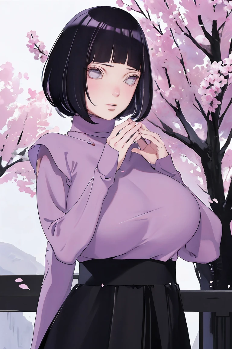 { - anatomy error} (Masterpiece - Ultra-detailed, very high resolution) (huge titusty, masterpiece, absurdres, hinata\(boruto\), 1girl, solo,mature female, lilac turtleneck blouse, black pant, looking at viewelling petals), perfect composition, detailed lips, big breast, beautiful face, body propotion, blush, (pink lips), short hair, (black hair), purple eyes, soft gaze, super realistic, detailed, photoshoot, realistic face and body, closed mouth , lilac eyes, upper body, hidden hands, perfect fingers, inocent face, portrait, , writing, reading, dynamic poses