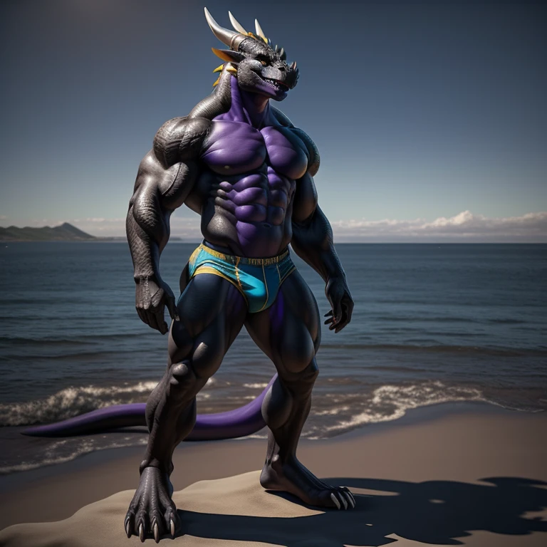 uploaded on e621.net, best quality, masterpiece, anthro, dragon, adult, old, ((solo)), seaside, muscles, buff, tall, standing, wearing hipster style clothing, detailed eyes, photorealistic, (black body) ((purple pectorial muscles, purple abs)), yellow eyes, looking pleasured, (long tail), (correct anatomy), (high detail, 3D rendering, shading), by kaynine, chunie, darkgem