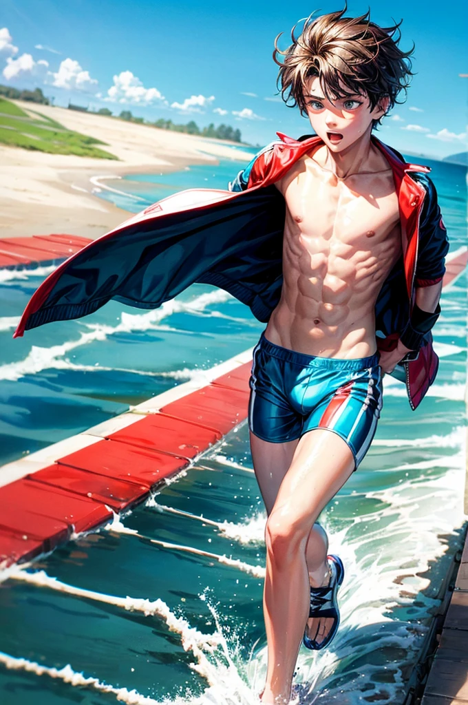 boy with heart out and bare chest15 year old running in the field by the water
