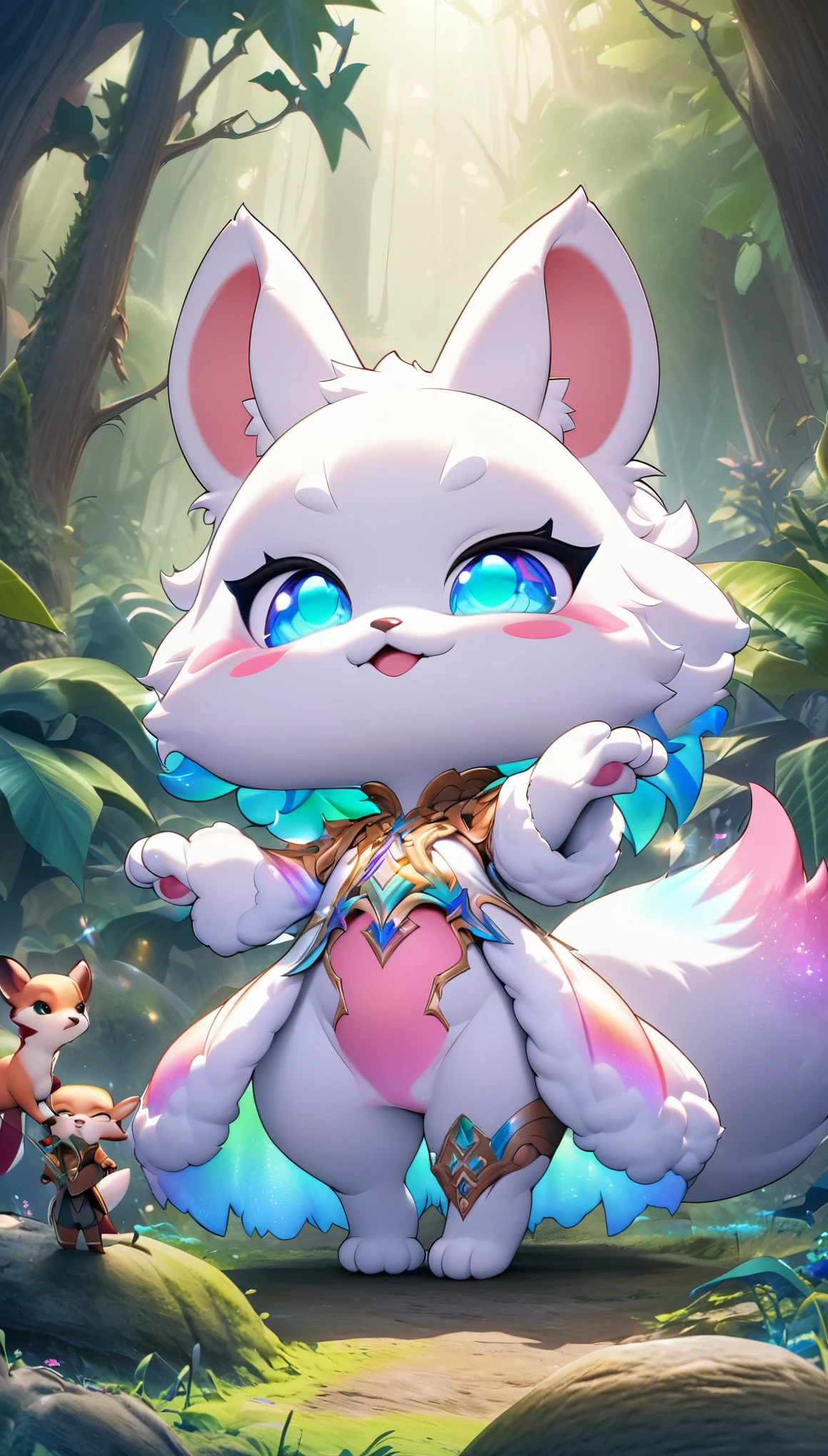 super deformed, furry, funny, best quality, super fine, 16k, white fluffy cute weasel, surprised expression, cute pose, in the forest, fantasy world image, fantastic and mysterious, variety of visual styles that combine various artistic elements like a sparkling iridescent pastel and vivid colors