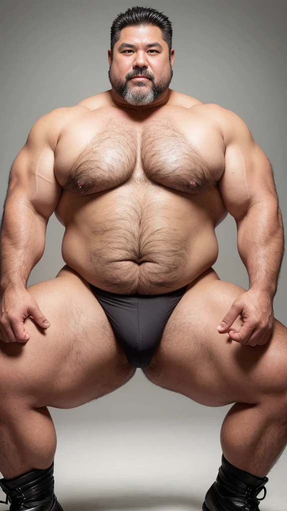black hair, middle-aged man, individual, male, Muscular wrestler, muscular, Stout wrestler, Asian, Japanese, uncle, 55 year old middle-aged man, short hair, short hair, white wrestling boots, full body portrait, shadow, Vision, white briefs, obesity, 45 years old, short beard, middle-aged man, tattoo, fingerless gloves, Wheat skin, shiny skin, dark skin, Show your pectoral muscles, sumo wrestler, bodybuilder, wide temples, Visible abdominal muscles, Smile, Fine hands, solid color background, pure white background, Surrealism, Panorama, 8k, super detail，
