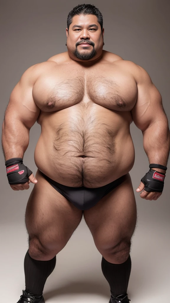 black hair, middle-aged man, individual, male, Muscular wrestler, muscular, Stout wrestler, Asian, Japanese, uncle, 55 year old middle-aged man, short hair, short hair, white wrestling boots, full body portrait, shadow, Vision, white briefs, obesity, 45 years old, short beard, middle-aged man, tattoo, fingerless gloves, Wheat skin, shiny skin, dark skin, Show your pectoral muscles, sumo wrestler, bodybuilder, wide temples, Visible abdominal muscles, Smile, Fine hands, solid color background, pure white background, Surrealism, Panorama, 8k, super detail,