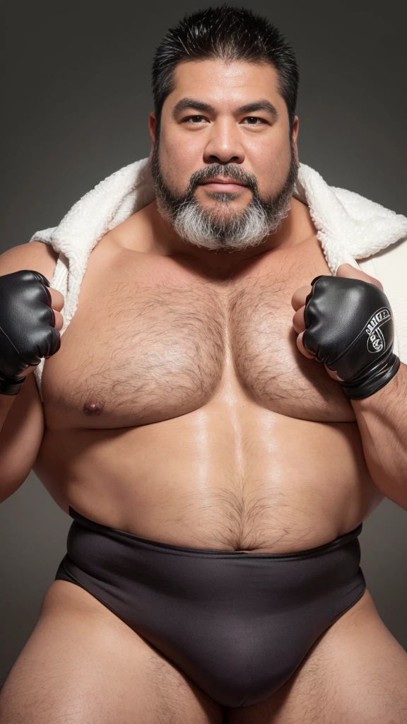 black hair, middle-aged man, individual, male, Muscular wrestler, muscular, Stout wrestler, Asian, Japanese, uncle, 55 year old middle-aged man, short hair, short hair, white wrestling boots, full body portrait, shadow, Vision, white briefs, obesity, 45 years old, short beard, middle-aged man, tattoo, fingerless gloves, Wheat skin, shiny skin, dark skin, Show your pectoral muscles, sumo wrestler, bodybuilder, wide temples, Visible abdominal muscles, Smile, Fine hands, solid color background, pure white background, Surrealism, Panorama, 8k, super detail,