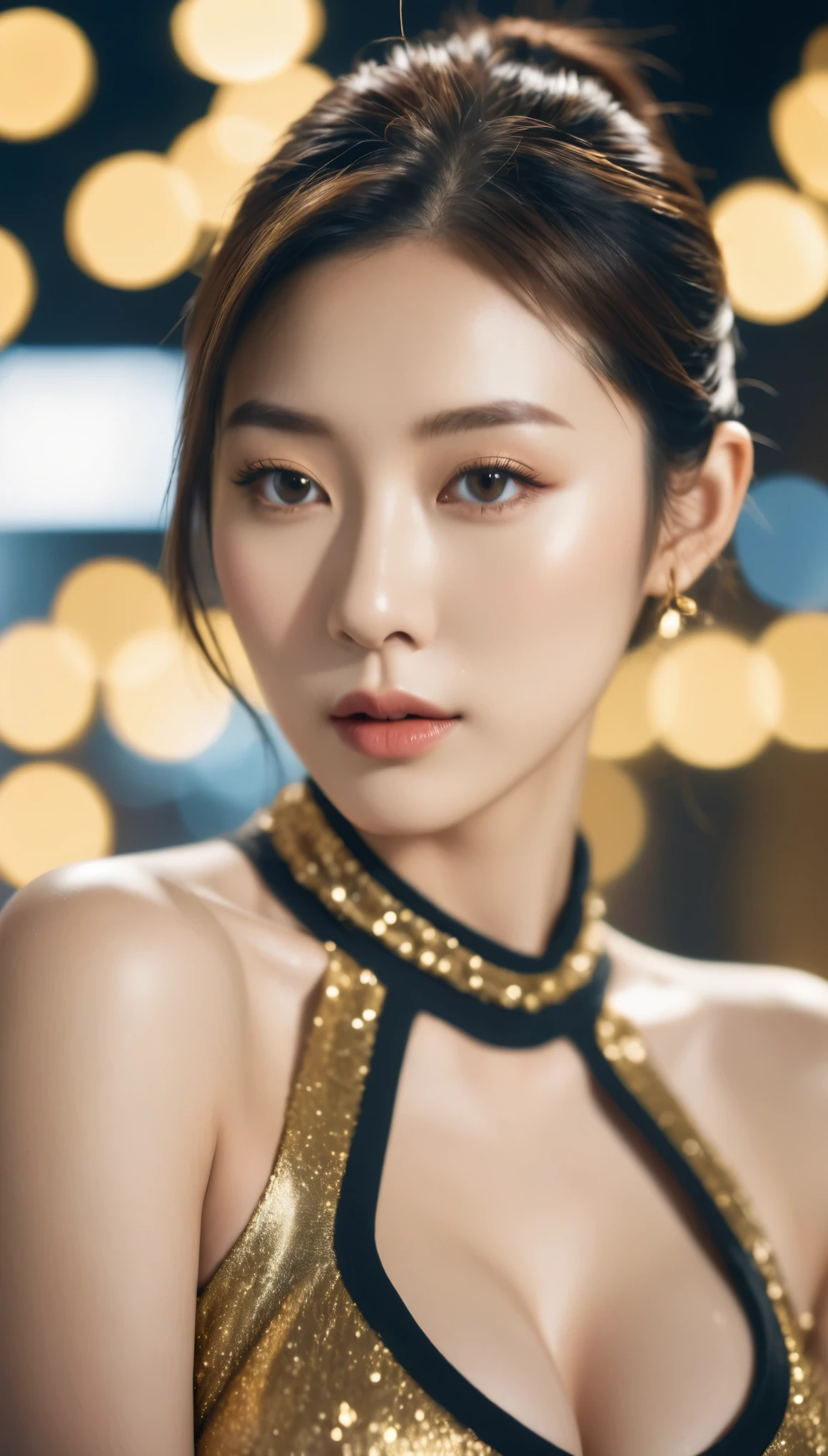 close-up, side shot of beautiful korean female, 34 inch breasts size, ponytail, wearing as gold black race queen, bokeh background, Polaroid photo, UHD 