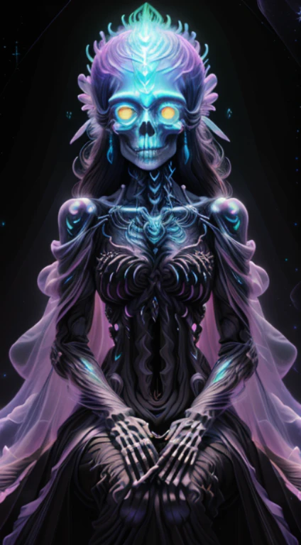extra detail arts 8k ,standing,beautiful skull goddess,softly illuminated skull,skull,flowing feathers,perfect features,perfect skeleton features,fluorescent semi-transparent clothes,sitting in space between celestial bodies,black background with dots of glitter,aetherial,