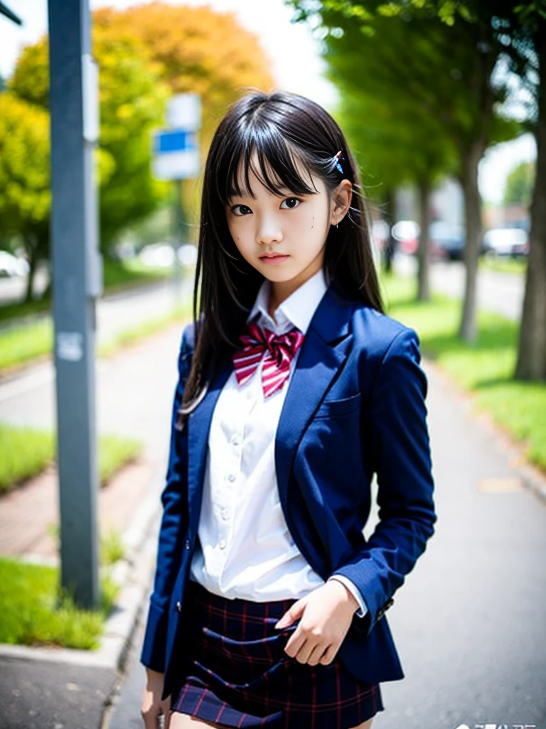 
(masterpiece, highest quality:1.4), award-winning portraits, 8K, 85mm, alone, beautiful face, delicate girl, , (dark navy blazer jacket), dark navy skirt, long sleeve, violaces, gardenia, grace, Sophisticated, cute, teen, looking at the viewer, 15 years old, Raw photo, disorganized, HDR, sharp focus, A bow tie, background bokeh、(((flat 、thin and delicate body、A childish atmosphere)))、Her shiny semi-long hair is tied up、hair swaying in the wind、Mole on the left cheek、large, round, dark blue eyes、full body、random pose、Run、sprinting、Skirt fluttering in the wind、Junior idol、Nogizaka Idol、widening skirt、jump、mole under eye、sexy