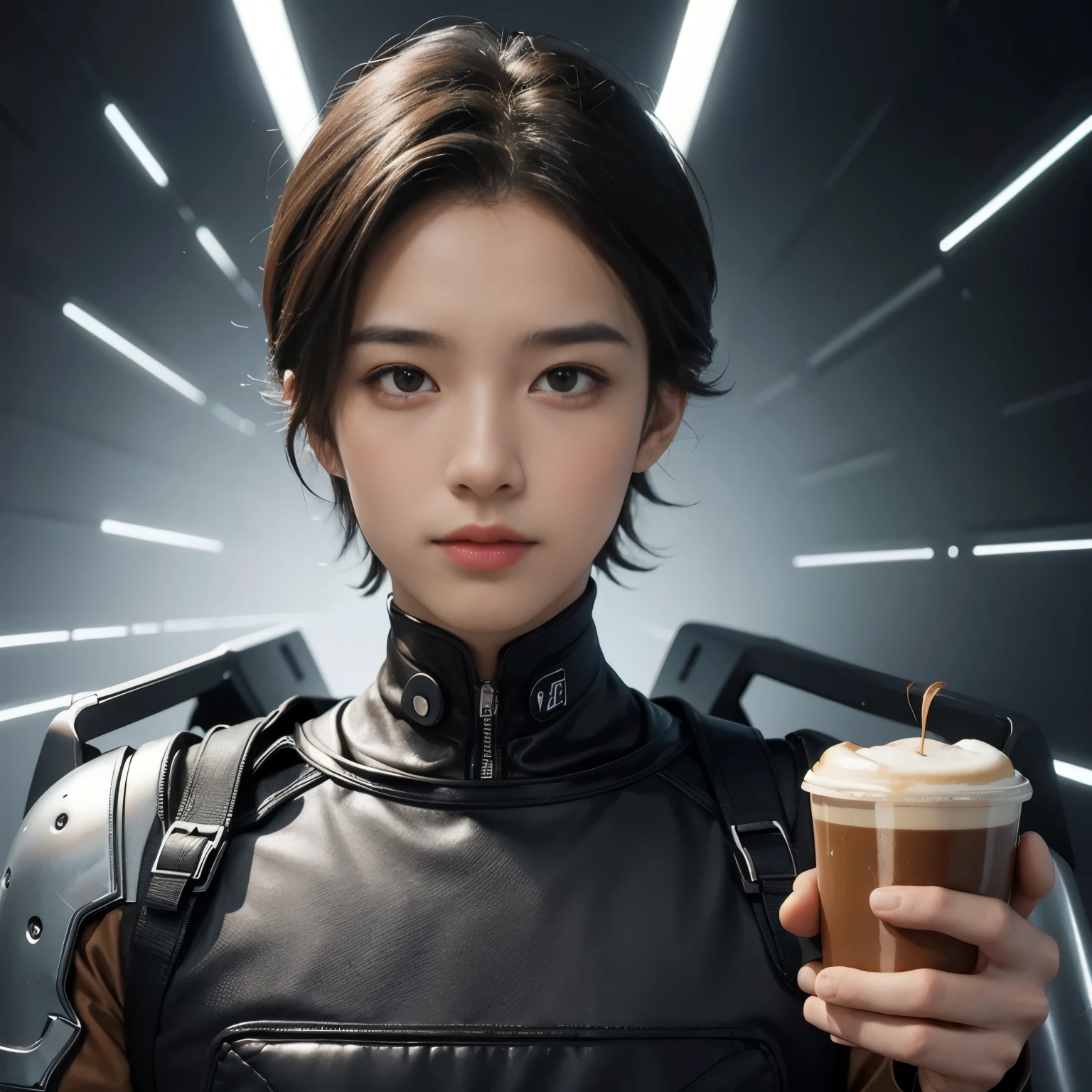 Boy with coffee futuristic background realitic realitic face