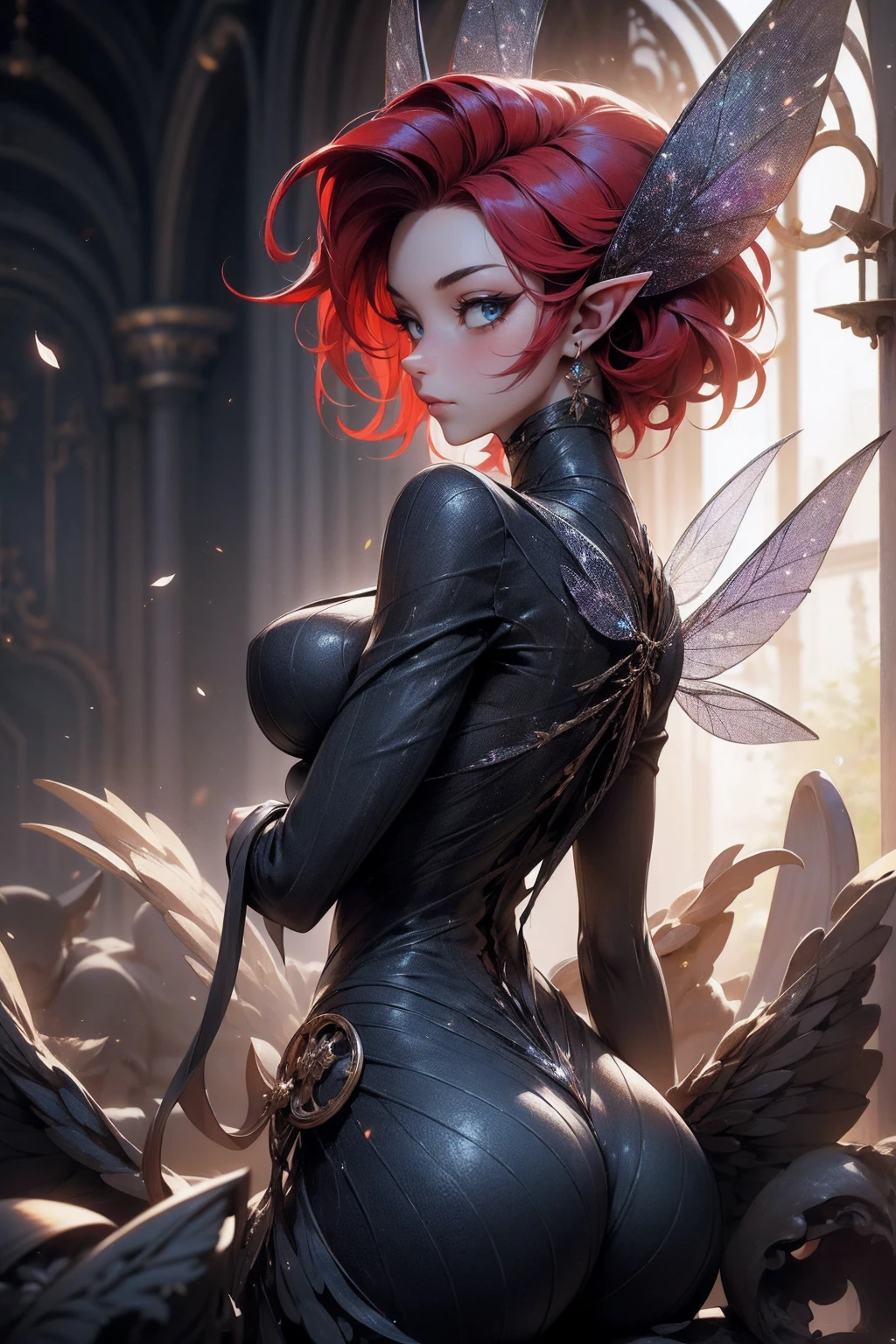 (Absurd, high quality, ultra -compared, careful with the hand) fairy, fairy wings, dreamer body, vivid, romantic and all. Optimistic face, just lies, without entry and intellectual. Reckless style, cold heart, impatient and too confident. Gray eyes, ripe and dark (eyes of the eyes), enchanted fairy (pixie) . Short hair, red hair. In the carnival row illustration, flying. Whole body, backwards, looking back