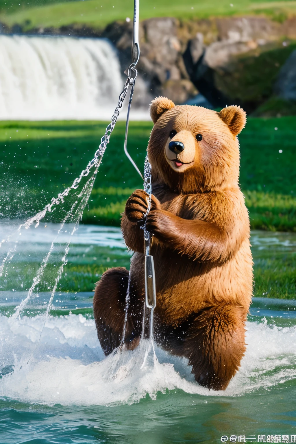 A bear is swinging rice like a golf club.