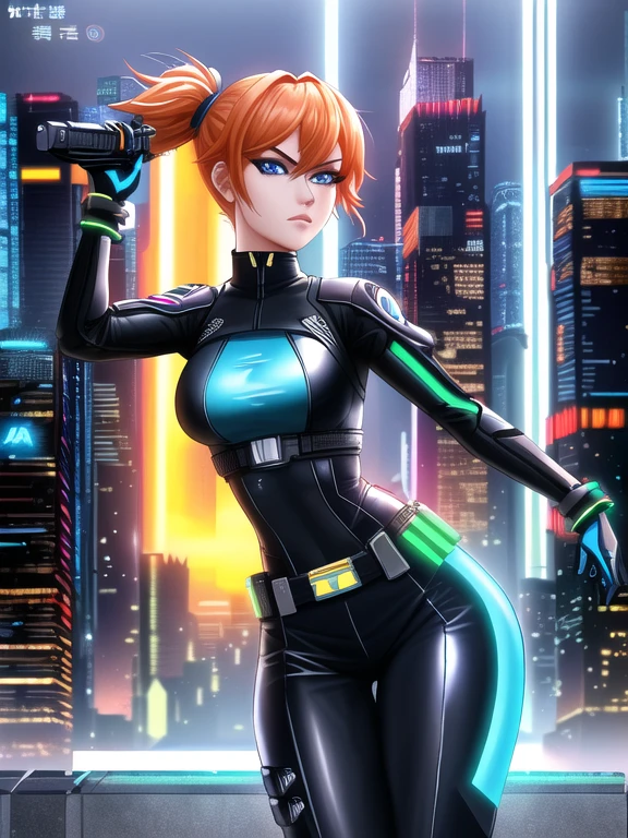 1girl, Sexy Experienced Cyberpunk Agent, ((32year old, dressed in a tight blue futuristic bodysuit, utility belt, boots, medium breasts, short orange hair, pony tail styled hair, light skin, natural makeup, athletic body:1.3, detailed blue eyes:1.5, looking fiercely at the viewer:1.3, holding two pistols with both hands:1.2)) heroic pose, full-length, full body, fight scene, full-length, super face detail, (Background: Cyberpunk world,Cyberpunk city in the background, neon lights, and futuristic technology in the background, harsh high-tech atmosphere), Very detailed, 8k, dark tone, dark shadow, glow in the dark, game color correction, (HDR, UHD, best quality, masterpiece: 1.5)