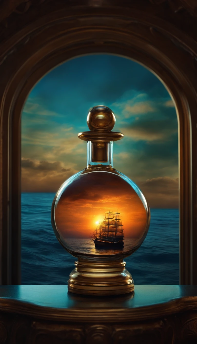 perfume bottle,It is flanked by a translucent ocean of blue nebulae + majestic ship, ethereal, cinematic, The light from the rear window is backlit, Creepy art station trends, Super detailed, matte painting, photo, Arnold Renderer -- Test -- Creative -- UpBeta