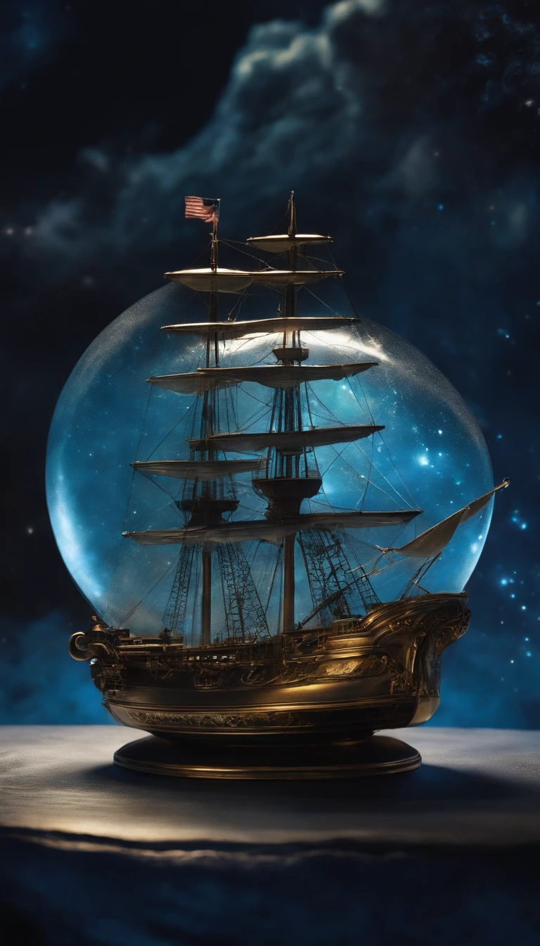 perfume bottle,It is flanked by a translucent ocean of blue nebulae + majestic ship, ethereal, cinematic, The light from the rear window is backlit, Creepy art station trends, Super detailed, matte painting, photo, Arnold Renderer -- Test -- Creative -- UpBeta