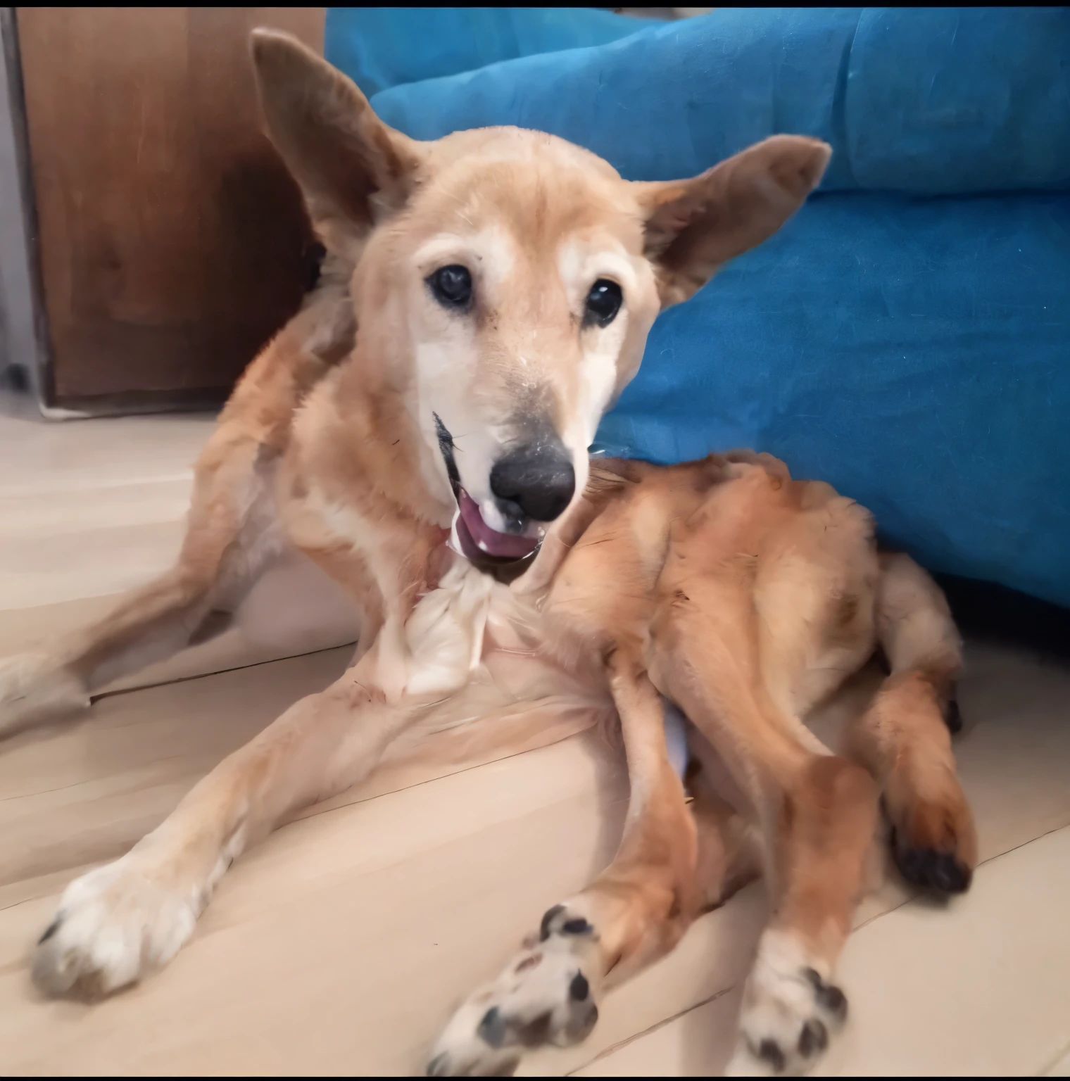 there is a blonde dog that is lying on the ground, dos patas con pies con garras, estilo pixar disney