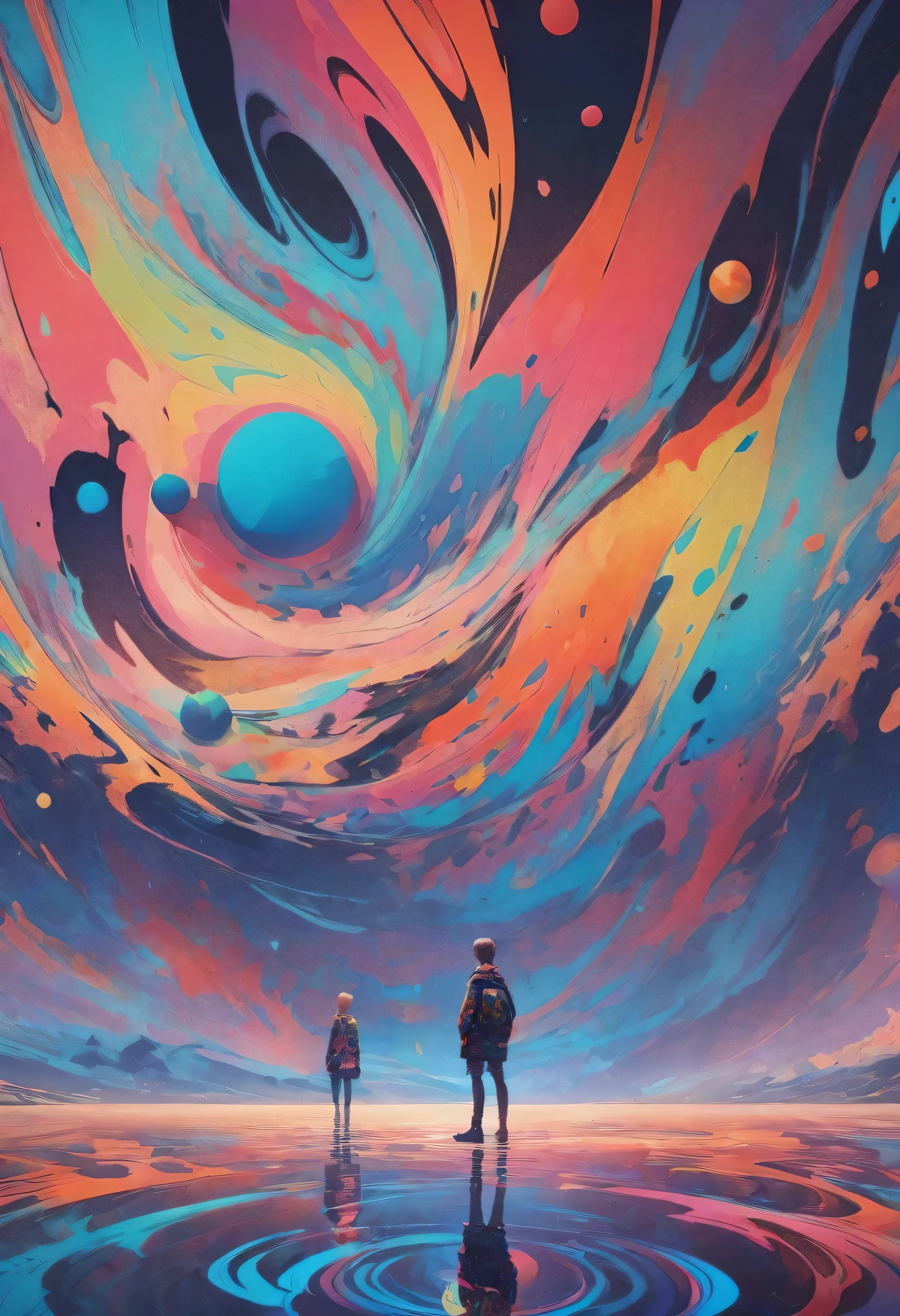 abstract painting，Linoleum cut of a teenager standing on reflective water under the stars，meteor，Energetic，Colorful，texture，pattern