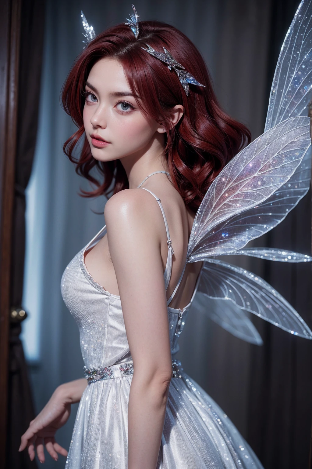 (Absurd, high quality, ultra -compared, careful with the hand) fairy, fairy wings, dreamer body, vivid, romantic and all. Optimistic face, just lies, without entry and intellectual. Reckless style, cold heart, impatient and too confident. Gray eyes, ripe and dark (eyes of the eyes), enchanted fairy (pixie) . Short hair, red hair. In the carnival row illustration, flying. Whole body, backwards, looking back