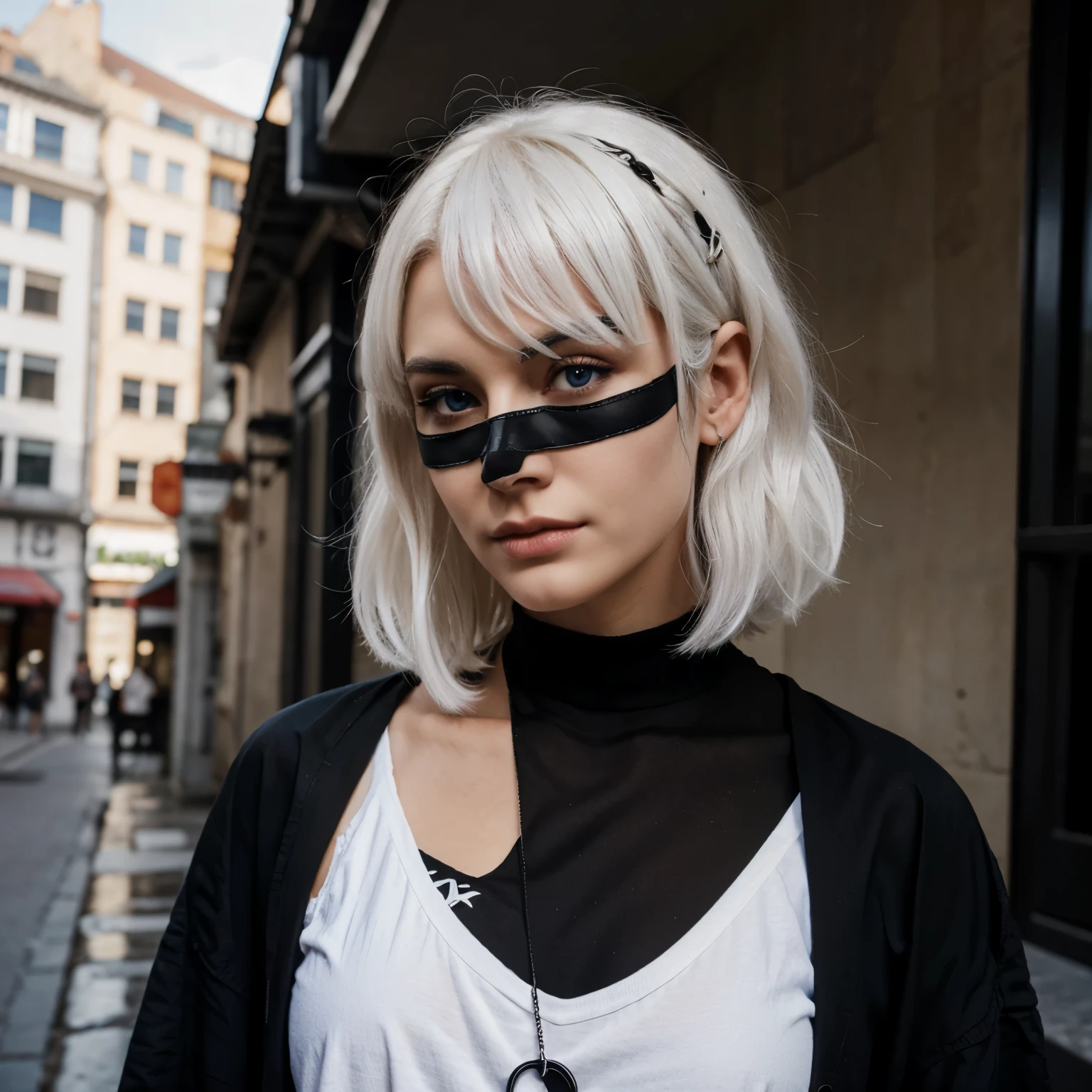 A character with white hair, black mask, blue eyes, black shirt with iron detail 