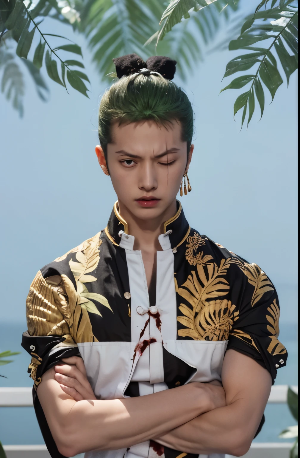 man standing , grean hair , he's eyes are closed , wearning a shreeded white shirt , he crossed his arms while standing , blood frpm hair and all over his body , he's roronoa zoro from one piece