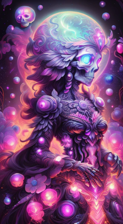 extra  detail arts 8k ,standing,beautiful skull goddess,softly illuminated skull,beautiful skull,flowing feathers,perfect features,perfect skeleton features,fluorescent semi-transparent clothes,sitting in space between celestial bodies,black background with dots of glitter,aetherial,glowing,goddess of death,peaceful