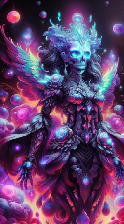 extra  detail arts 8k ,standing,beautiful skull goddess,softly illuminated skull,beautiful skull,flowing feathers,perfect features,perfect skeleton features,fluorescent semi-transparent clothes,sitting in space between celestial bodies,black background with dots of glitter,aetherial,glowing,goddess of death,peaceful