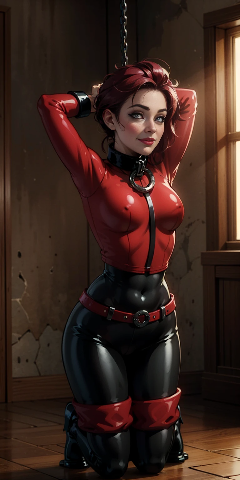 Latex girl lustful smirking smile red blush red cheeks, chain leash, hands behind the head, kneeling, shackles, leather black collar slave, 2 high ponytails