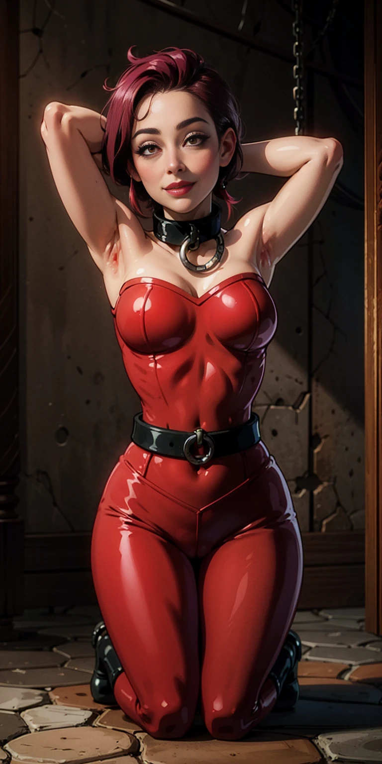 Latex girl lustful smirking smile red blush red cheeks, chain leash, hands behind the head, kneeling, shackles, leather black collar slave, 2 high ponytails