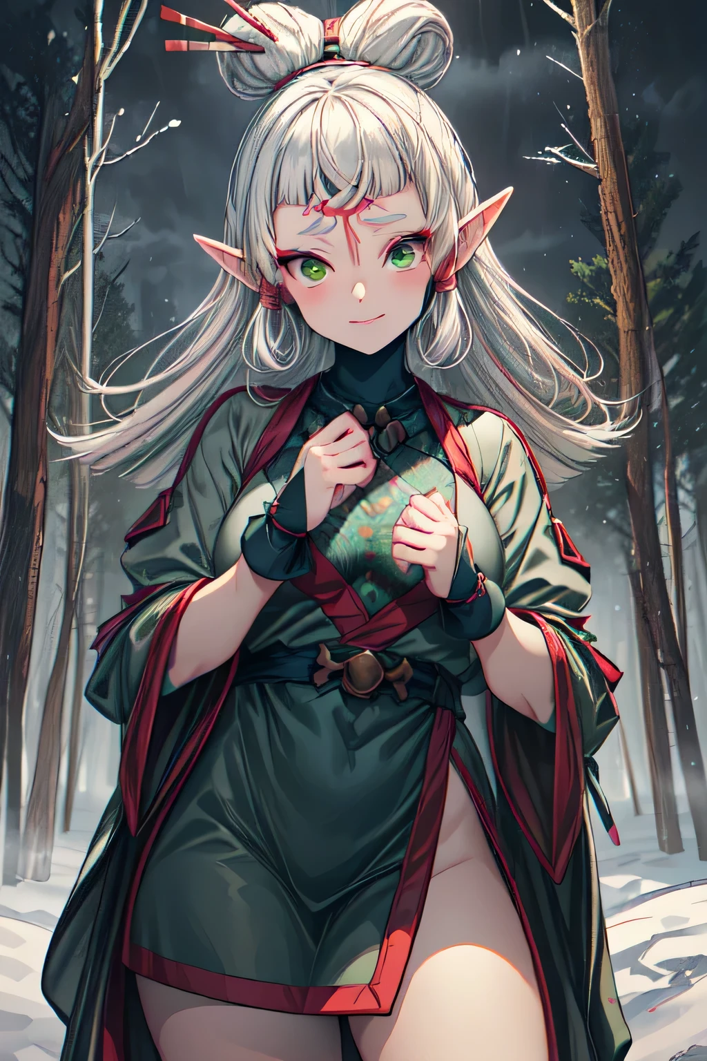 paya, cute elf,((anime elf with extremely cute and beautiful brown hair)), (((elf))), (((elf ears))),((((white hair:1.35,colored inner hair,ear breathing)))),(((green_eyes:1.3))),intricate eyes,beautiful detailed eyes,symmetrical eyes,big eyes:1.5, cute,slutty,erotic,daring,((nsfw)), (((intricate outfit,intricate clothes,embroidered outfit,ornate outfit,embroidered clothes,ornate clothes))), (dynamic pose:1.0),happy,smile,(centered,scale to fit dimensions,Rule of thirds), ((snowy pine forest at night)), with dark stormy clouds,winter,scenery:1.25,((snow forest background)),Christmas tree, highres,sharp focus,(intricate),(masterpiece),(best quality),
