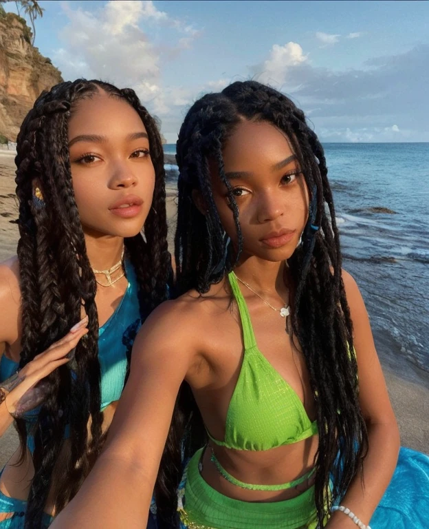 two women in bikinis posing for a photo on the beach, salgueiro smith zendaya, box Braids, long black Braids, black hair in Braids, long Braids, com pele morena, long black braided hair, pele escura, Braids, pigtail Braids, beautiful Gemini twins, two blue Braids, twisted Braids, two long Braids blue, long black braided hair