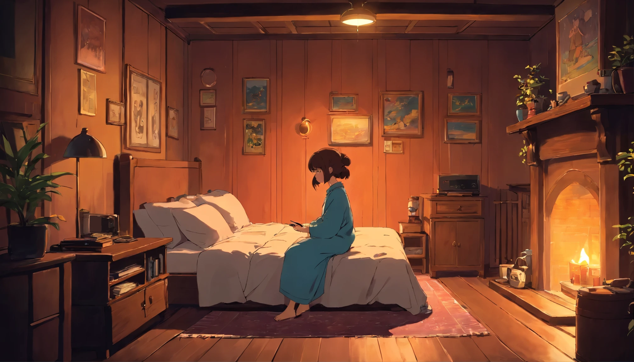 night、Girl listening to music in a cozy room, 2D, lo-fi, hard disk, dark environment