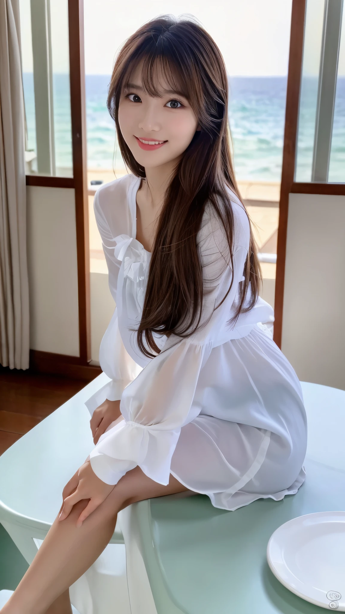 table top、(highest quality、4k、8k、High resolution、master piece: 1.2)、Super detailed、(real、photorealistic、photorealistic: 1.37)、full body shot、whiteTshirt、Complex and beautiful eyes、woman、womanらしい髪型、natural color lip、bold and sexy pose、smile、Ocean、20 year old girl、Cute and sexy shot looking at the camera。