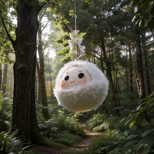 (best quality,ultra-detailed),white and fluffy creature,marshmallow-like body,large round shape,puffy texture,appearance,adorable and cute,big round eyes,smiling mouth,pink blush on cheeks,tiny stick-like limbs,floats in the air,gently bobbing up and down,in a dreamy and magical forest,fairytale-like setting,sunlight filtering through the trees,soft and warm glow,enchanted atmosphere,endless greenery,delicate flowers in vibrant colors,butterflies fluttering around,starry sky at night,sparkling stars illuminating the creature,peaceful and calm ambiance