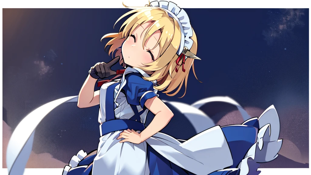 masterpiece, best quality, 1girl, , , 10 years old, medium blonde hair, forehead visible bangs, hair flaps, well-formed face, blonde eyes, maid headdress, blue maid cloth, white apron, short puffy sleeves, red ribbon, short blue skirt, pinafore, from behind, to lift up one’s skirt, cowboy shot, from front, standing , raise one leg, crossed arms, arms up behind, arms behind back, hand between legs, put hands hip, one hand on hip, forward hands, arms raised in the air, punch hands, peace_sign, waving, put up index finger, sit, lie down, closed eyes, lie face down, looking back, put one hand chest, leaning forward,cleavage,close up, horizontally outstretched arms, horizontally outstretched legs, front view, front face