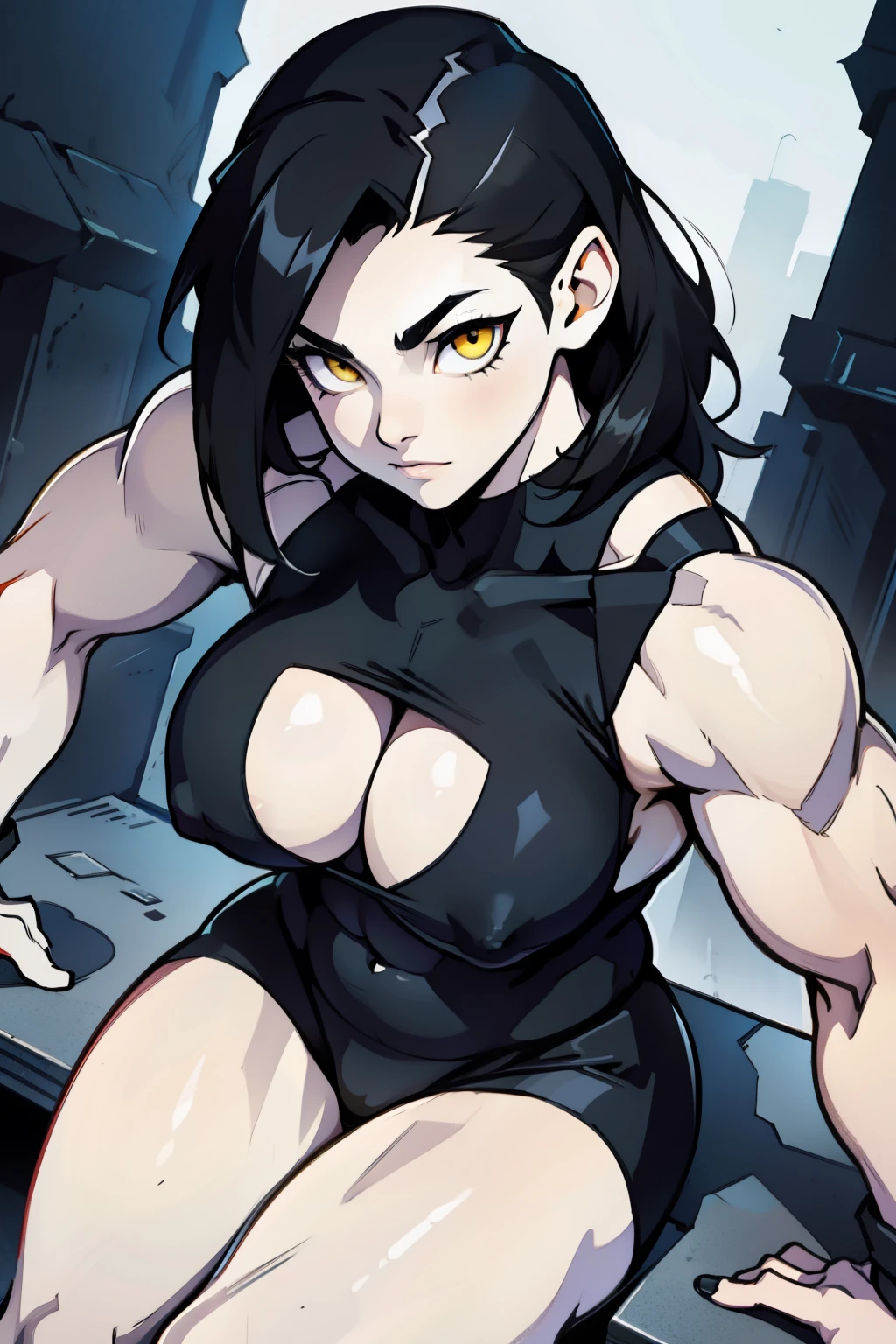 muscular girl large breasts black hair yellow eyes pale skin