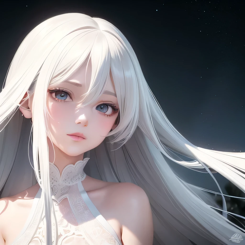A captivating close-up of a beautiful anime girl, her long, flowing white hair cascading down her shoulders, framing a face that radiates attraction and charm. Her eyes, two pools of captivating depth, are fixated on an unseen object, adding an enigmatic allure to her character. The anime style is both stylized and realistic, with intricate attention to detail in every feature, from the delicate peaks and valleys of her face to the subtle highlights that accentuate her youthful complexion. This lifelike anime portrait exudes an irresistible charisma and is sure to leave a lasting impression.

Or:

An enthralling close